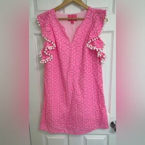 Lilly Pulitzer Pink Eyelet Mini Dress with Pom-Pom Trim